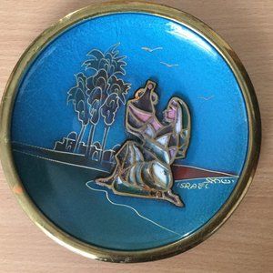 vintage Israel round brass enamel decorative plate wall decor